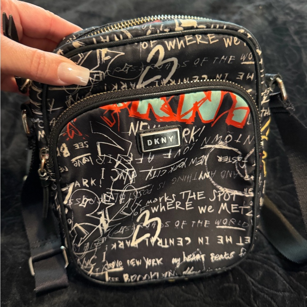 Dkny Black Graffiti Crossbody with Red and Aqua Accents